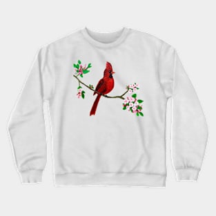 Red Cardinal Perched on Pink Cherry Blossom Branch Crewneck Sweatshirt